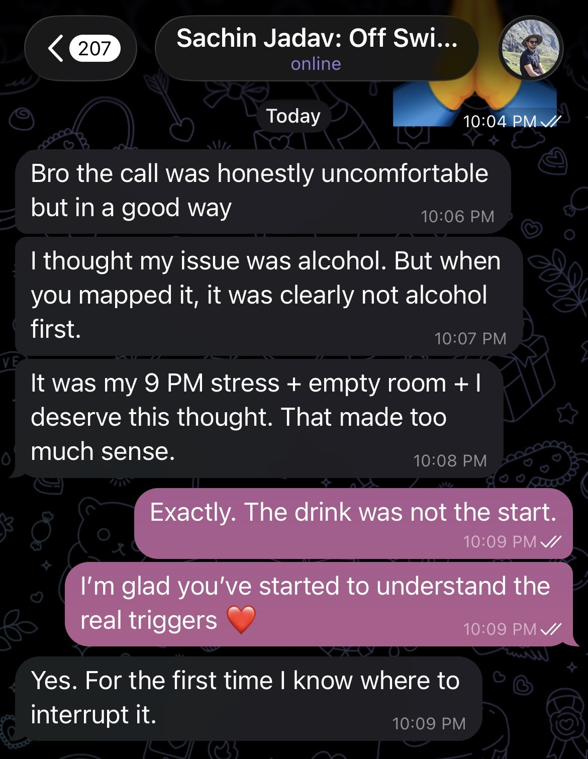 Client message about mapping the real trigger behind drinking